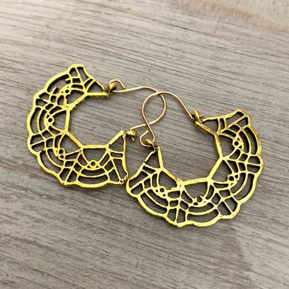 Bold Bohemian Brass Hoop Earrings - Ethnic Gypsy Jewelry. 5447