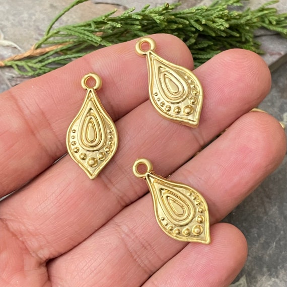 Gold Drop Charms. Matte Gold Plated Earring Parts.Bohemian Brass Earring Findings.3 Pieces - 1032