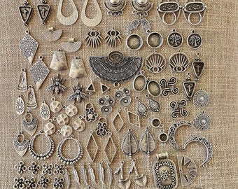 98 Antique Silver Plated Earring Findings: Brass Pendants Set - 73