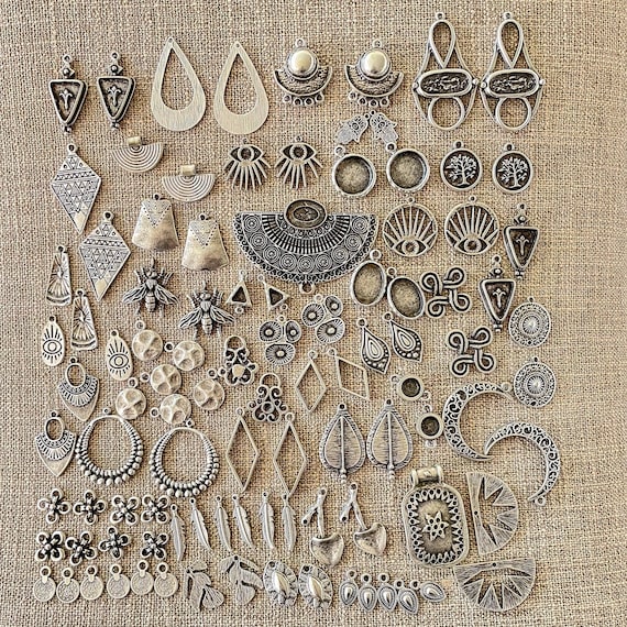 98 Antique Silver Plated Earring Findings: Brass Pendants Set - 73