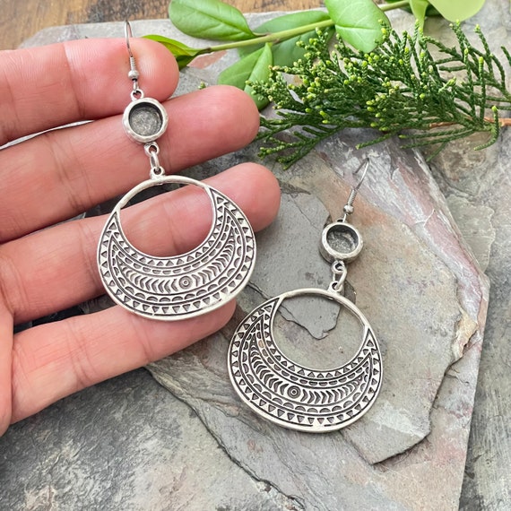 Hippie Boho Dangle Earrings - Big Silver Bohemian Statement Jewelry - 5495