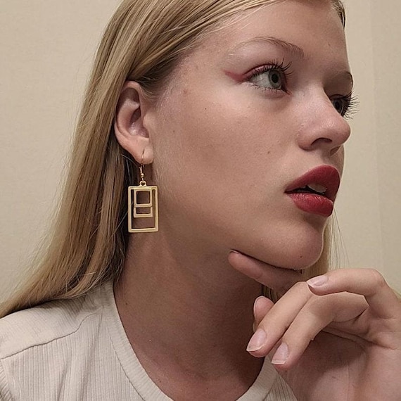 Boho Gold Dangle Earrings, Geometric Art Deco Style (Lightweight)