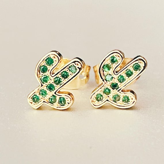 Cactus Earrings: Gold Plated Brass with Zircon - 5448
