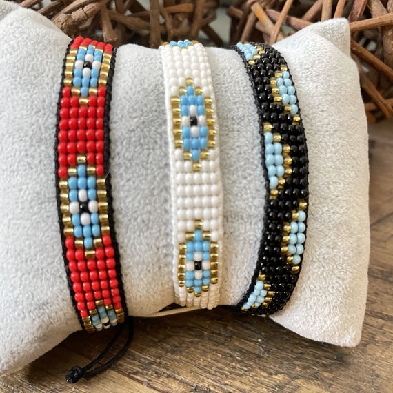 Glass Bead Woven Braided Bracelets - Beaded Miyuki Evil Eye Bracelet for women.Set of 3 Bracelets  - 5309