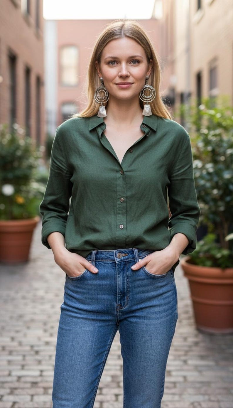 May include: A woman wearing a dark green button-down shirt and blue jeans. The shirt has long sleeves and is buttoned up. The jeans are a medium wash denim. She is wearing large hoop earrings.