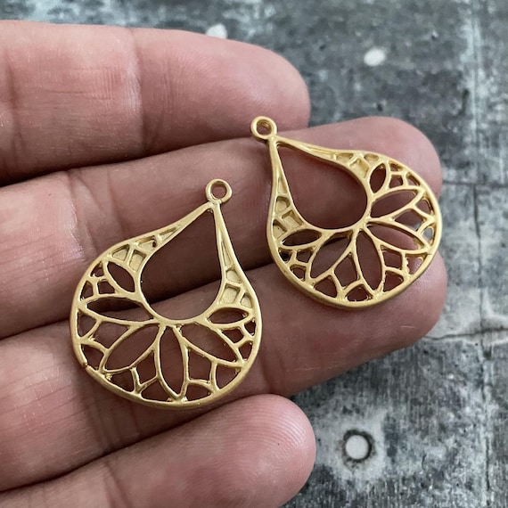Matte Gold Brass Flower Charms: Teardrop Earring Findings