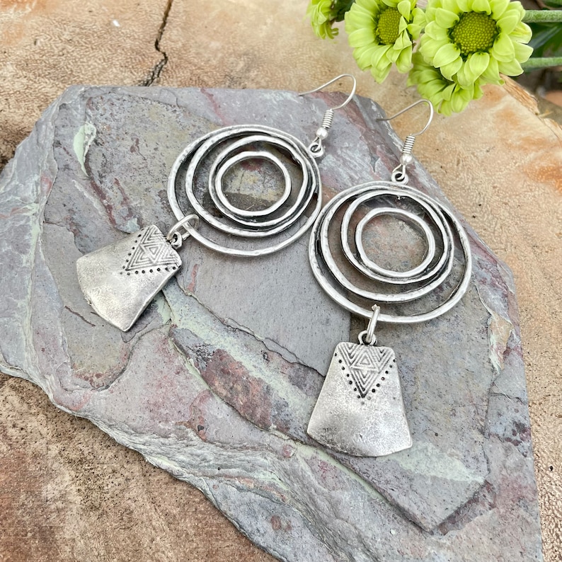 Chunky Boho Silver Earrings - Long Bohemian Statement Jewelry