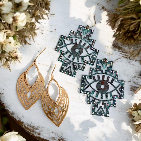 Bohemian Earrings Set, Geometric Studs and Tassel Drops (Lightweight) - 5446