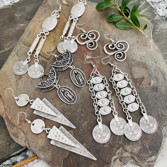 5 Pairs Silver Bohemian Earring Set, Geometric Dangle Earrings - 5570