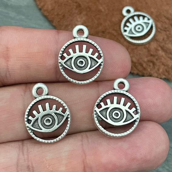 6 Pieces Circle Evil Eye. Antique Silver plated eye shape earring findings.8042
