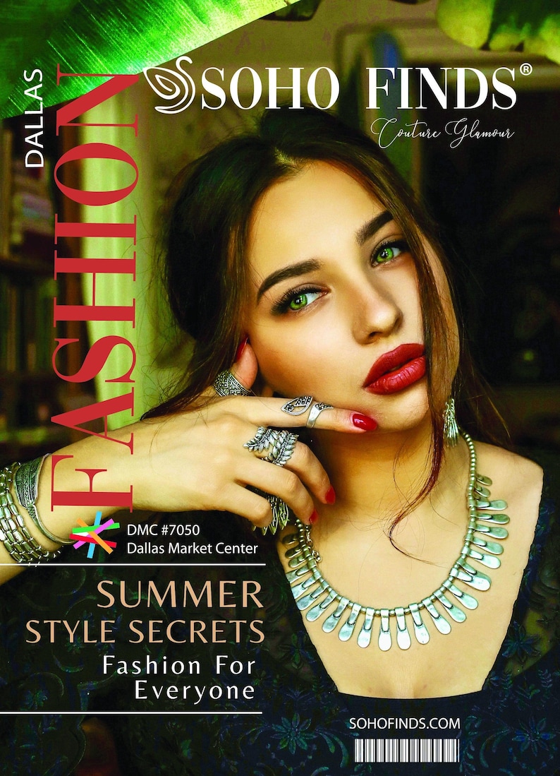 The image is a magazine cover featuring a woman with long dark hair and wearing a necklace. She is posing for a photograph and looking directly at the camera. The cover has a green and black color scheme with text and logos related to fashion and lifestyle.
