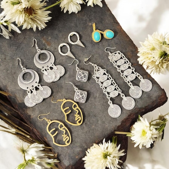 Boho Silver Earrings, Tribal Dangles (Set of 6) 5393