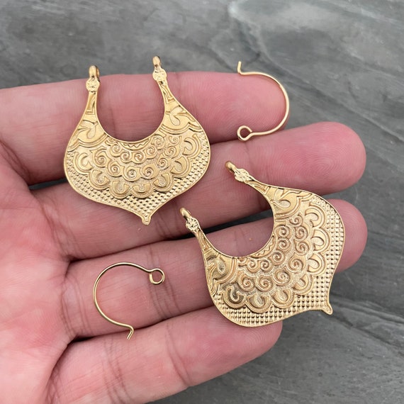 Gold Drop Charms with hooks. Matte Gold Plated Earring Parts.Bohemian Brass Earring Findings. (46 mm) - 1029