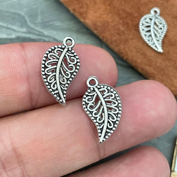 Antique Silver Leaf Charms: Ethnic Earring Findings (6 Pieces)