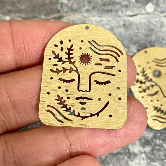 Raw Brass Woman Face Earring Charms: Tree Sun Pendant - 3127