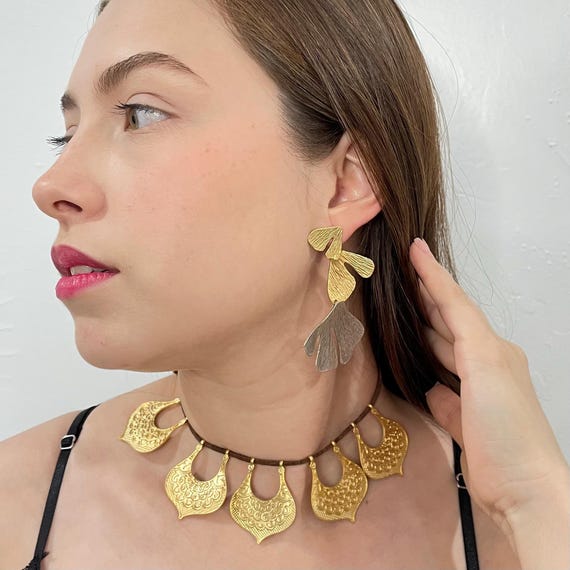 Boho Beaded Necklace and Earrings Set, Gypsy Style (Bold Gold Tone) - 5336