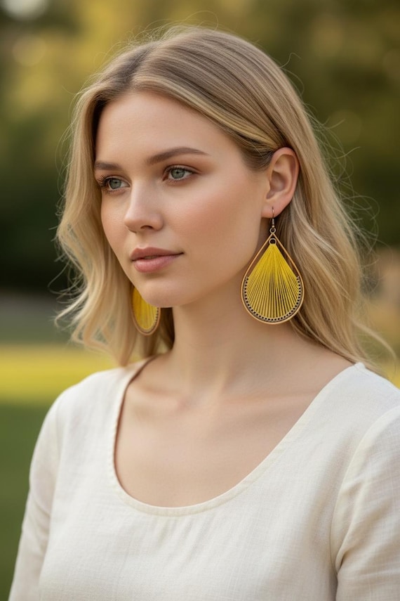 Bohemian Cotton Thread Dangle Earrings, Red Copper Teardrop Design, 93x45mm - 5609