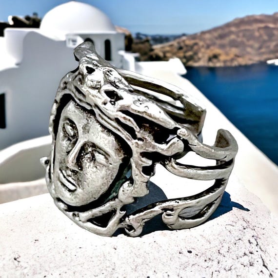 Adjustable Boho Ring: Brass with Antique Silver Plating - Tribal Motif 4496