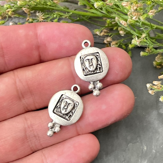 Silver Coated Greek Face Pendant: Bohemian Earring Component