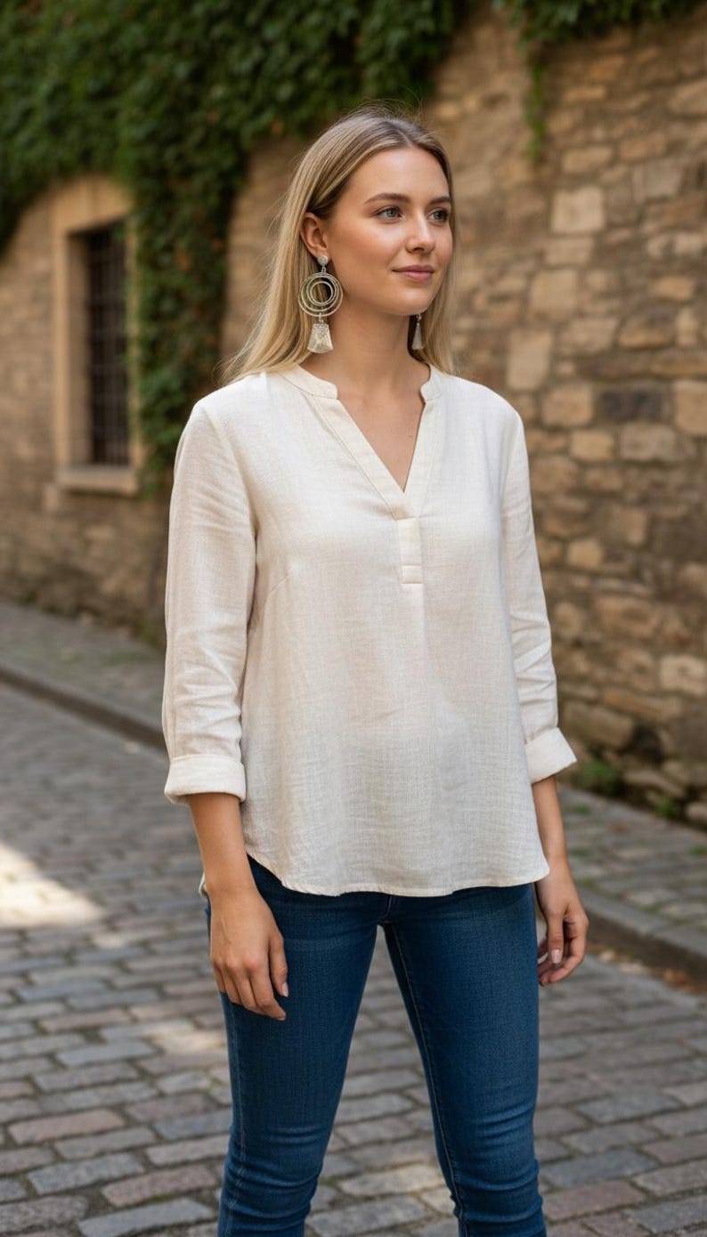 May include: A woman wearing a cream-colored, long-sleeved blouse with a V-neck and rolled-up sleeves, paired with blue jeans. She is also wearing large, circular earrings. The background features a stone wall and a brick-paved street.