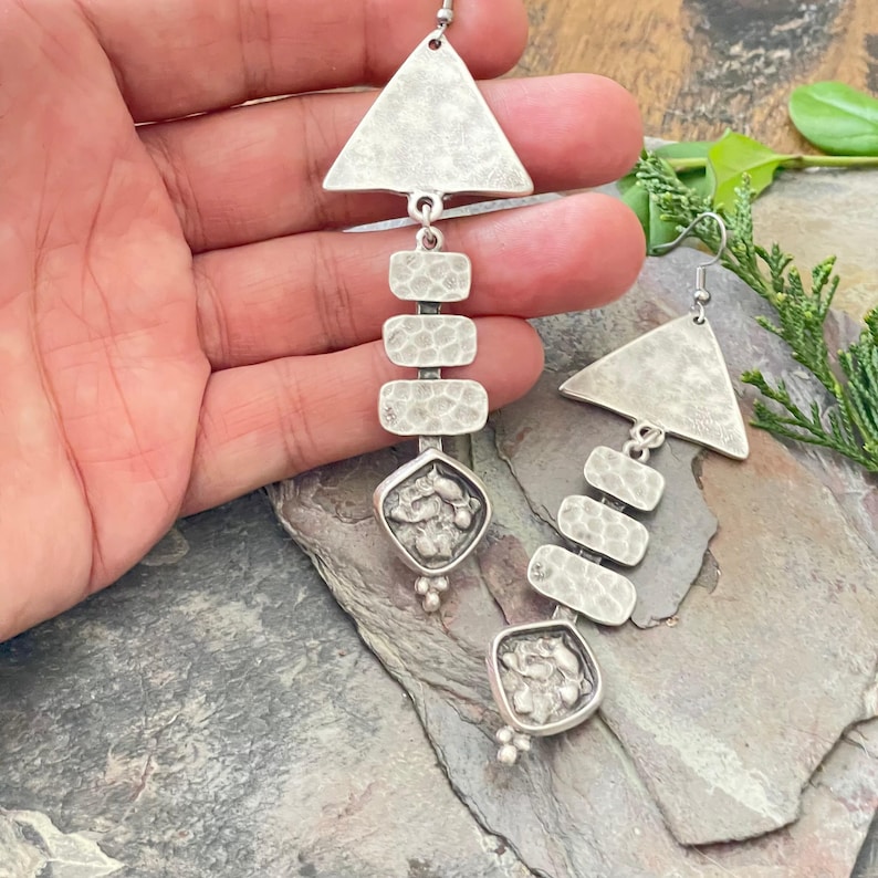 Chunky Boho Silver Earrings - Long Bohemian Statement Jewelry