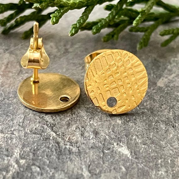 Hammered Gold Brass Stud Earrings - Textured Circle Posts for Jewelry Making