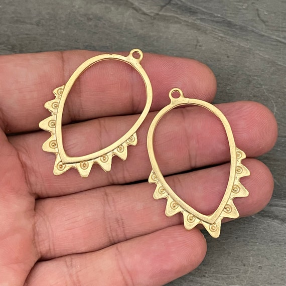 2 Pieces Gold Drop Charms. Matte Gold Plated Earring Parts.Bohemian Brass Earring Findings. (46 mm) - 1127