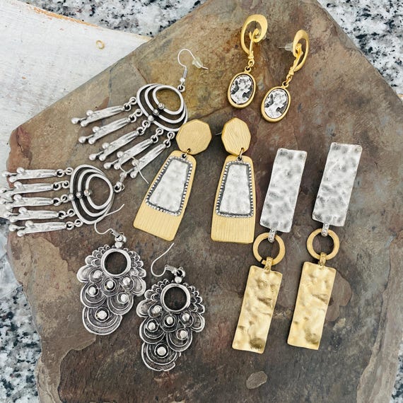 5 Pieces Bohemian Statement Chandelier Earrings - Silver Boho Chic Jewelry - 5530