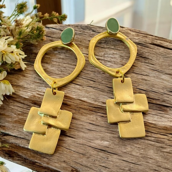 Matte Gold  Dangle Earrings,  silver hoop earring, Silver coin - 5629/8135