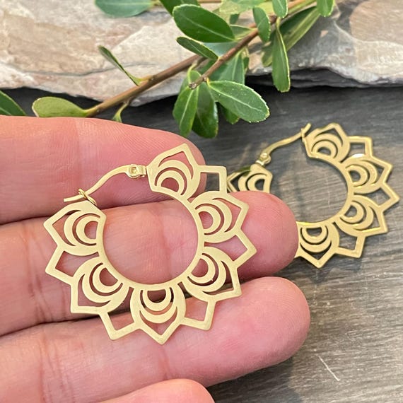 Bohemia Hollow Flower Hoop Earrings, Golden Finish, 304 Stainless Steel, 36x40mm- 5481