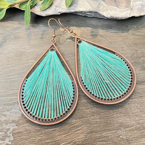 Bohemian Cotton Thread Dangle Earrings, Red Copper Teardrop Design, 93x45mm - 5609