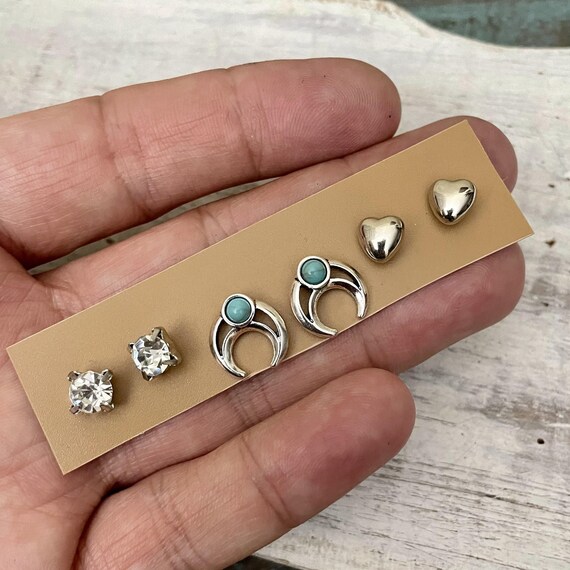 Bohemian Stud Earrings Set: Turquoise, Heart, Crystal - 3 Pair - 5593