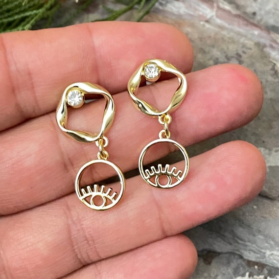 Circle Eye Shape Steel Earrings dangle. 18K Gold Plated Evil Eye Bohemian Earrings for women. Hand made bohemian jewelry  - 5609