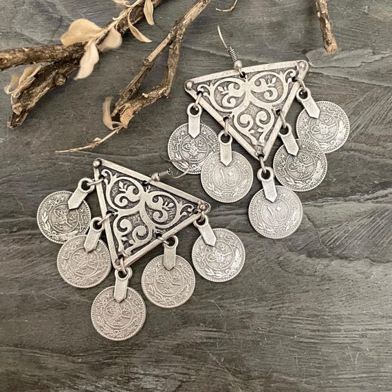 Bohemian Coin Earrings: Geometric Silver Tassels 5621