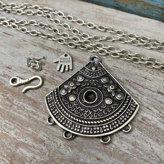 Antique Silver Plated Brass Bohemian Necklace Pendant - 7034