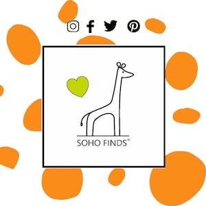 a simple, minimalist design with a square frame containing a stylized illustration of a giraffe and a heart. The text "SOHO FINDS" is displayed below the illustration, indicating the brand or product associated with the image.