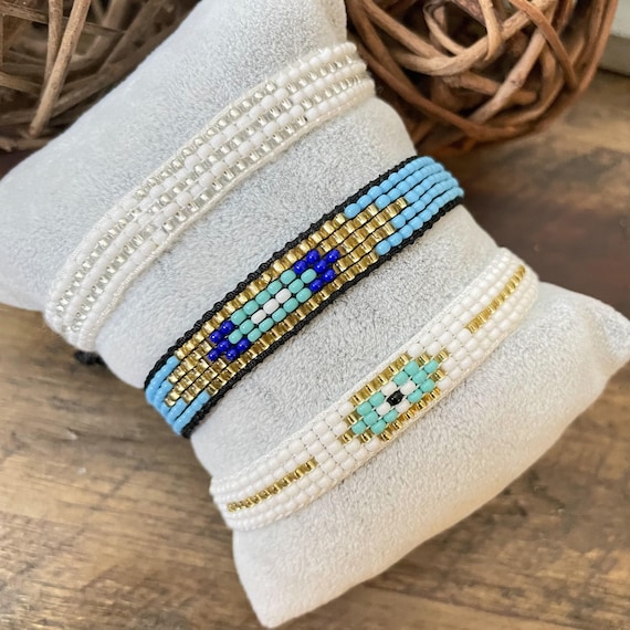 Evil Eye Beaded Bracelet Set: Handwoven Miyuki Glass Beads - Adjustable Fit