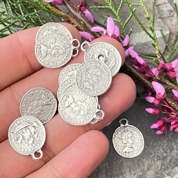 Silver Plated Coin Earring Charms: Bohemian Jewelry Making Supply