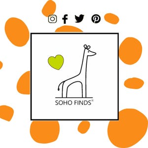 a simple, minimalist design with a square frame containing a stylized illustration of a giraffe and a heart. The text "SOHO FINDS" is displayed below the illustration, indicating the brand or product associated with the image.