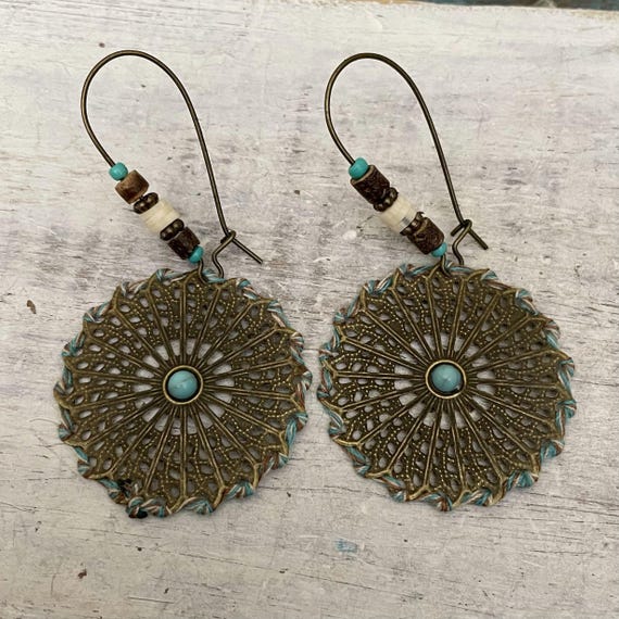 Bohemian Earrings: Bronze Mandala with Turquoise Accent