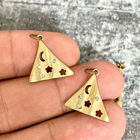 Brass Stars Triangle Earring Charm With Zircons - Raw Brass Star Crescent Pendant - 3126