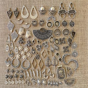 98 Pieces Set - Antique Silver Plated Brass Pendant Earring Findings- Wholesale earring findings for jewelry making parts.
