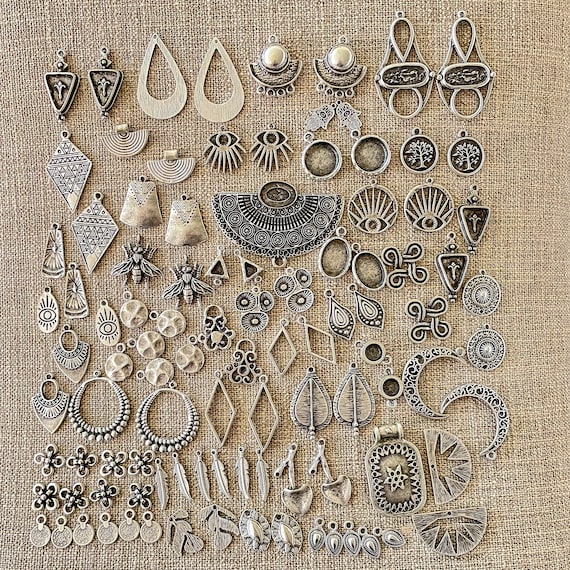 98 Pieces Set - Antique Silver Plated Brass Pendant Earring Findings- Wholesale earring findings for jewelry making parts.