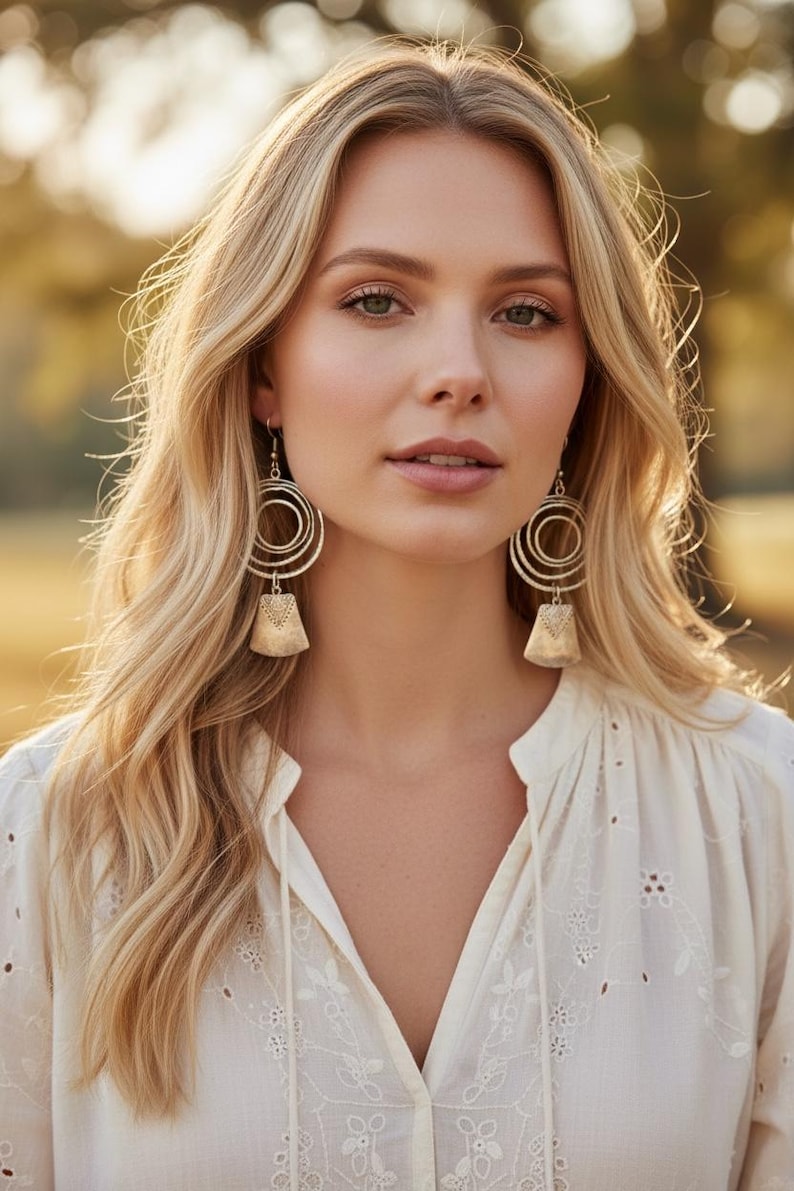 May include: A woman with long blonde hair wearing large, gold-toned earrings with concentric circles and a textured, bell-shaped bottom. She is wearing a white blouse with a delicate floral pattern.