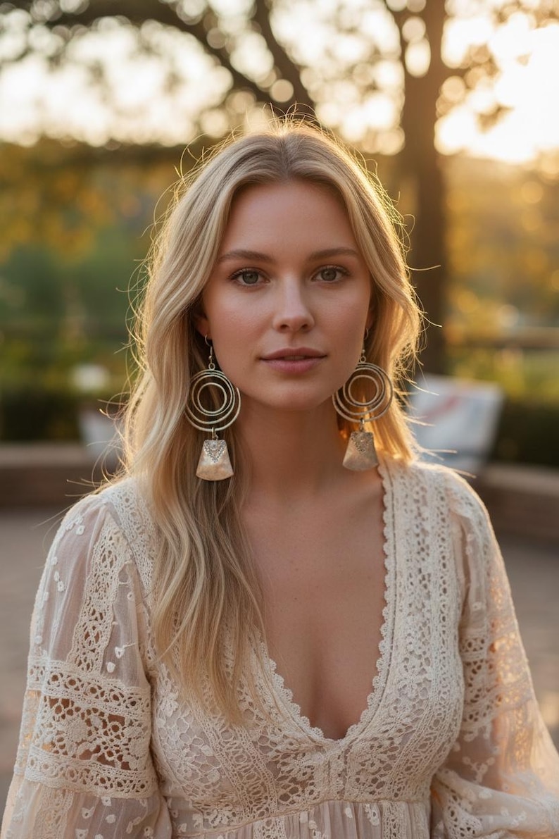 May include: A woman wearing large, silver-toned earrings with concentric circles and a bell-shaped charm. She is wearing a cream-colored lace dress with a deep V-neck. The background is blurred with warm, golden light.