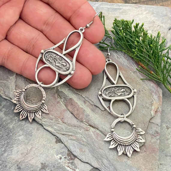 Boho Chic Statement Earrings - Silver Tribal Bohemian Jewelry- 5381