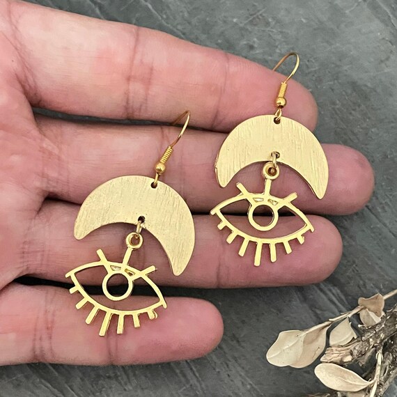 Bohemian Eye Earrings: Gold Crescent Moon Dangle Jewelry