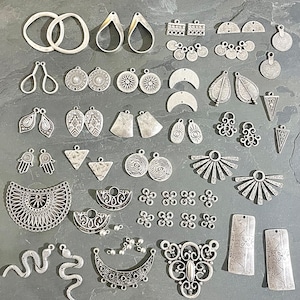 73 Pieces Set - Antique Silver Plated Brass Pendant Earring Findings- Wholesale earring findings for jewelry making parts.