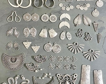 73 Pieces Set - Antique Silver Plated Brass Pendant Earring Findings- Wholesale earring findings for jewelry making parts.