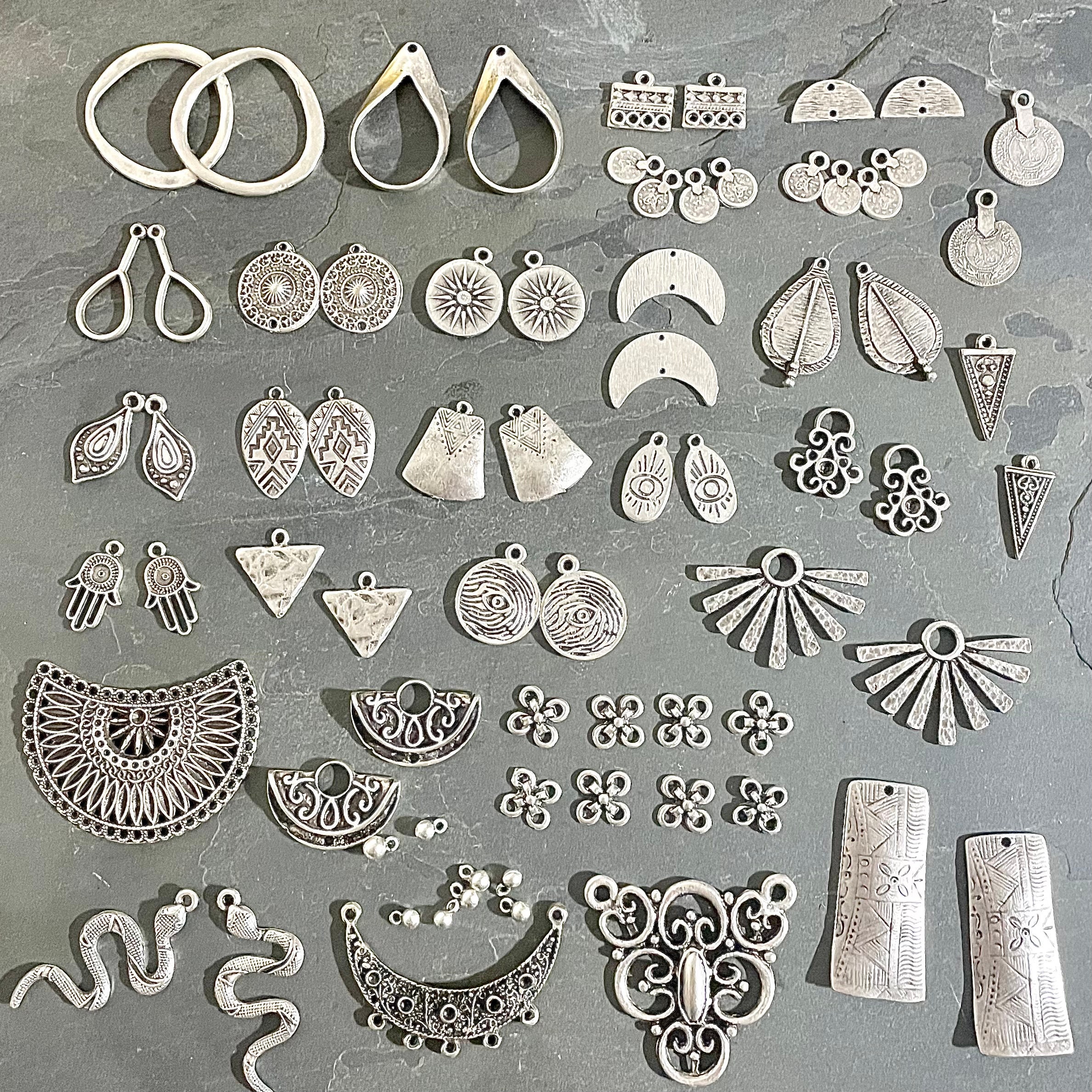73 Pieces Set Antique Silver Plated Brass Pendant Earring Findings  Wholesale Earring Findings for Jewelry Making Parts. 